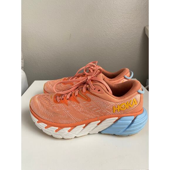 HOKA ONE ONE Gaviota 4 WIDE Women’s 8D Coral Peach Blue Running Shoes - Picture 4 of 11